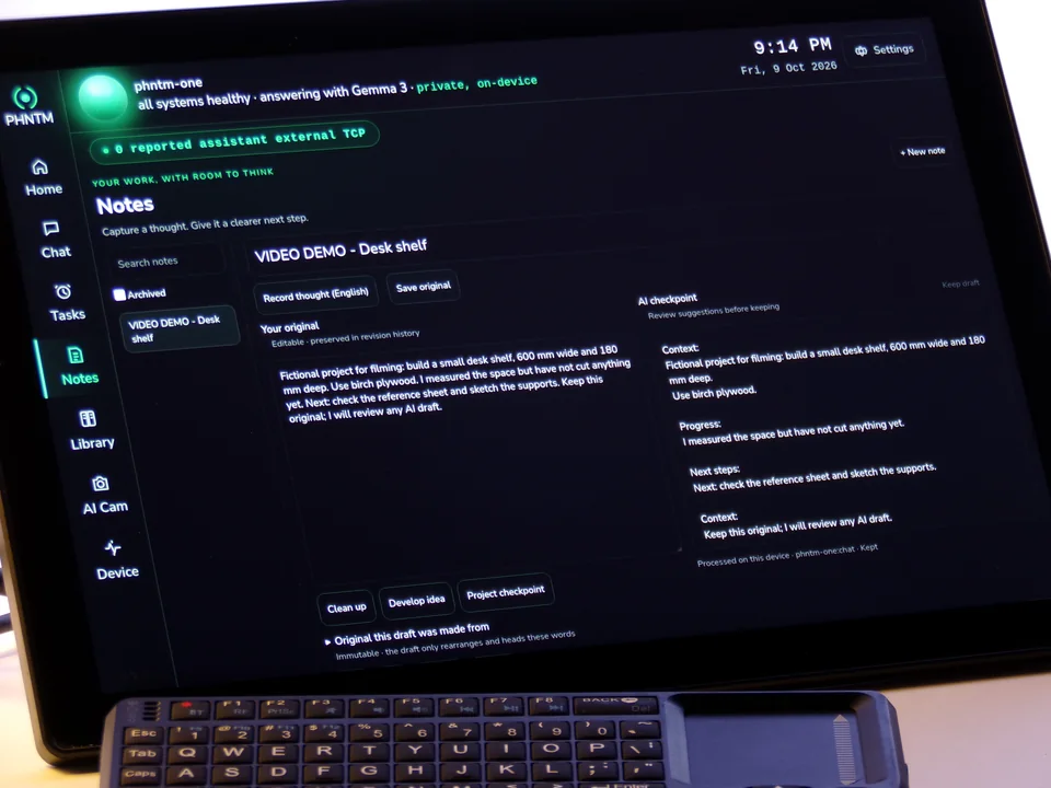 PHNTM One Notes showing the original fictional desk-shelf project beside a separate AI checkpoint